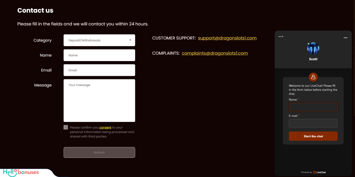 DragonSlots Casino Support