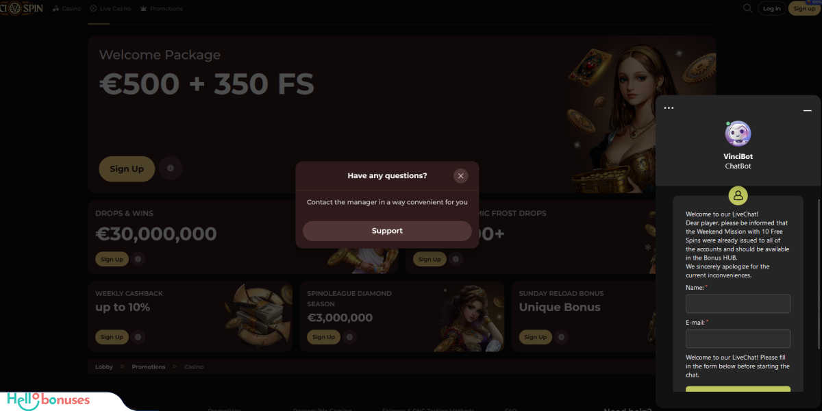 VinciSpin Casino Support