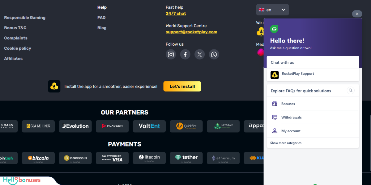 RocketPlay Casino Support