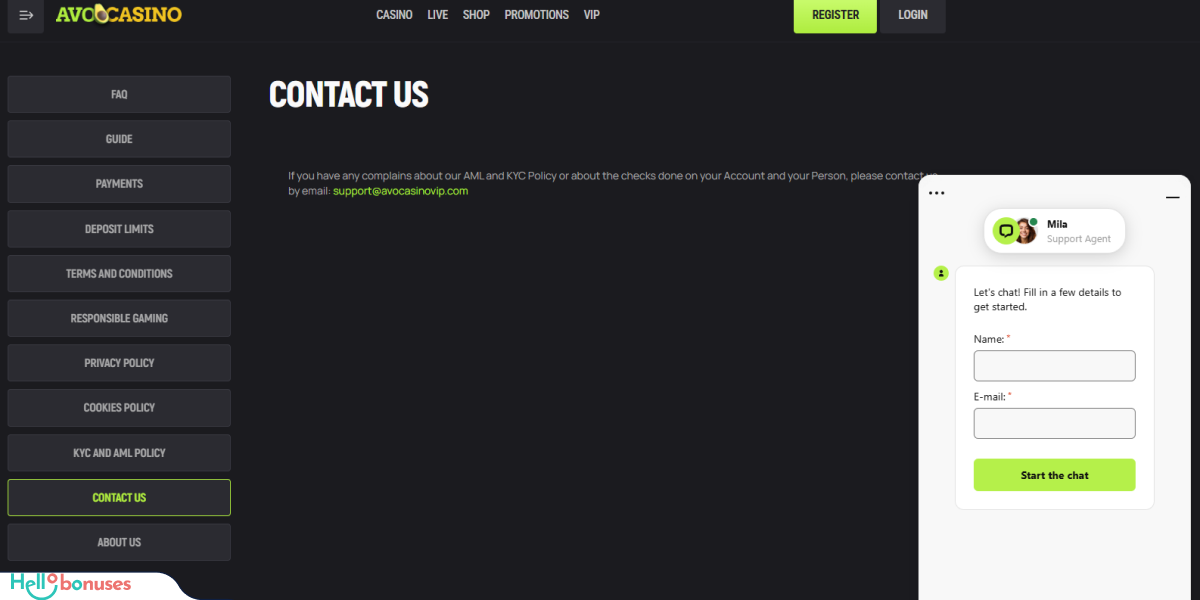 AvoCasino Casino Support