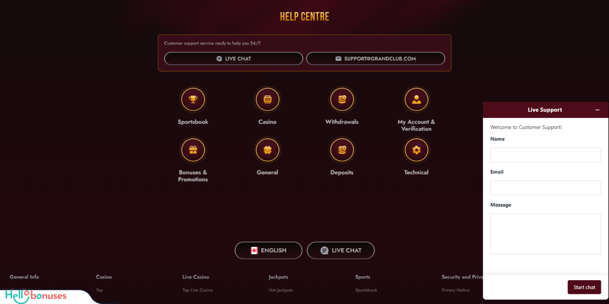 GrandClub Casino Support