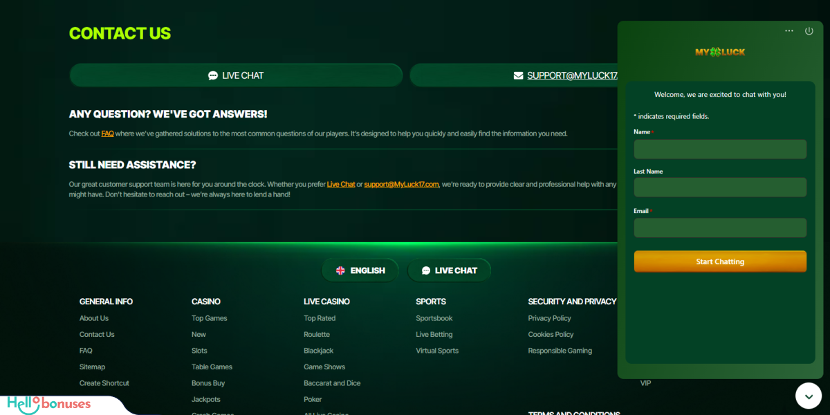 Assistenza clienti MyLuck Casino