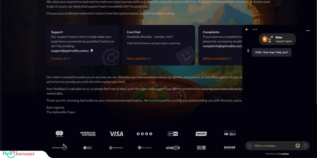 Atención al cliente de Aphrodite Casino