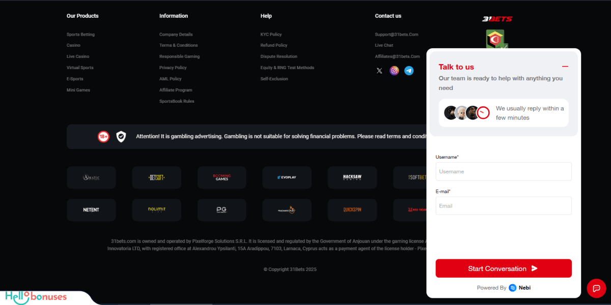 31Bets Casino Support