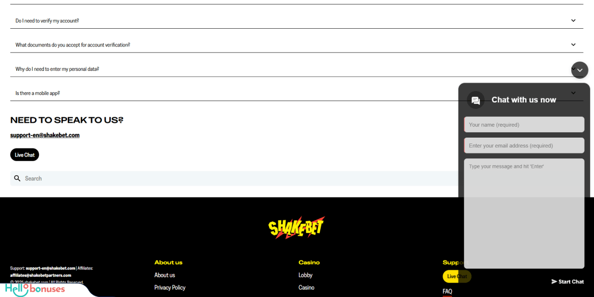 ShakeBet Casino Support