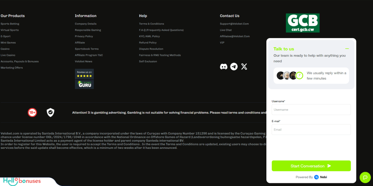 VeloBet Casino Support