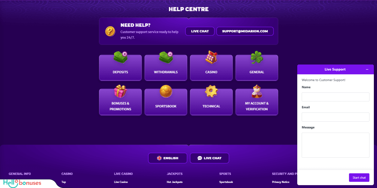 Υποστήριξη Midarion Casino
