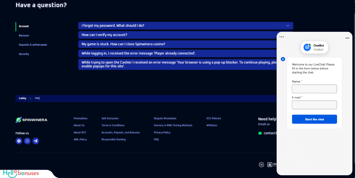 Spinwinera Casino Support