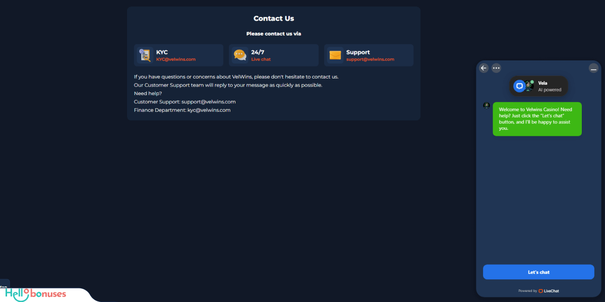 Velwins Casino Support