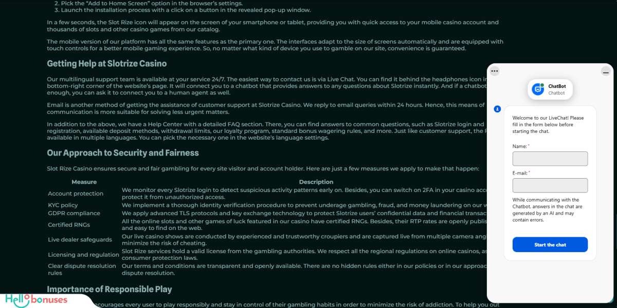 Slotrize Casino Support