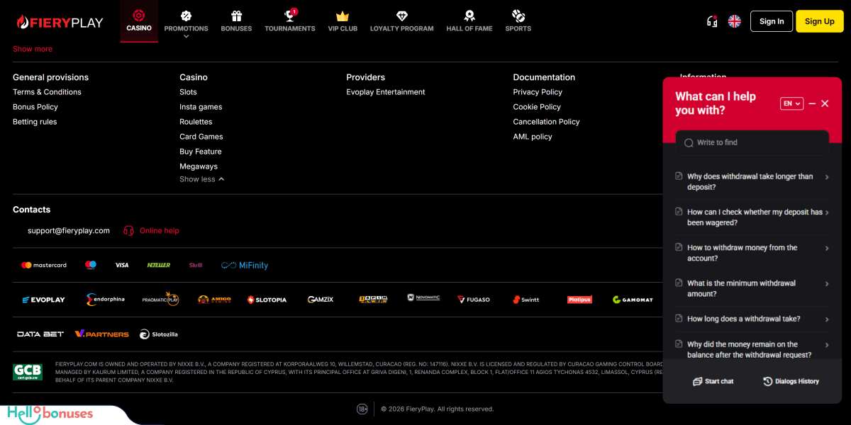 Atención al cliente de Fieryplay Casino