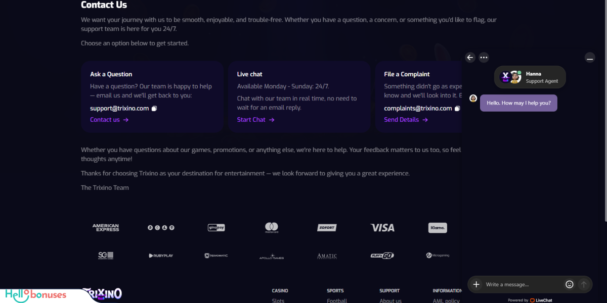 Trixino Casino Support